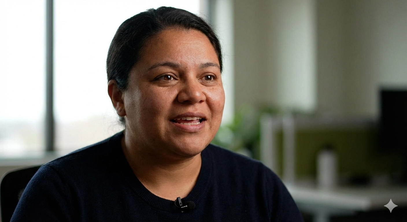 Nærbillede af ansigt under video-interview der illustrerer emotionel storytelling og narrativ videoproduktion gennem menneskelig mimik.