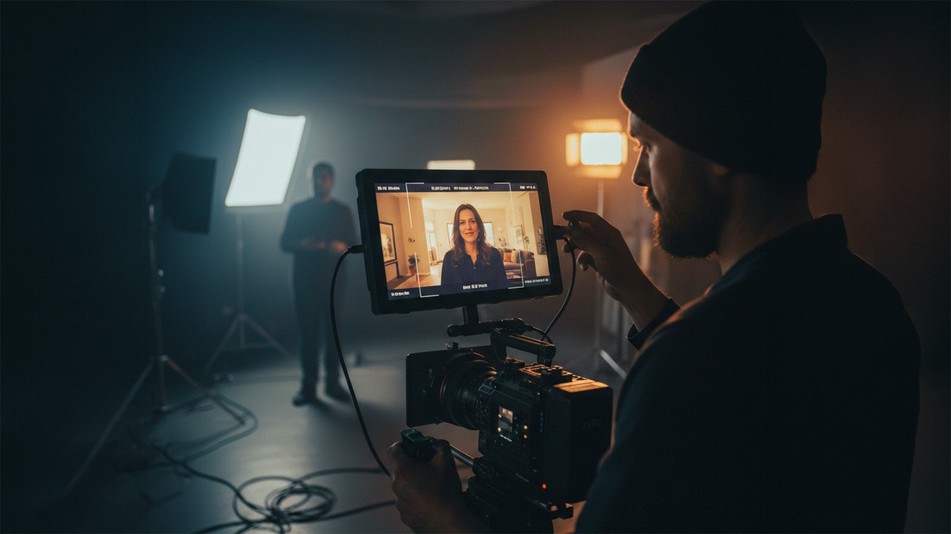 Videoproduktion bag kulisserne med professionelt kamera og monitor der viser forskellige aspect ratios og frame lines.