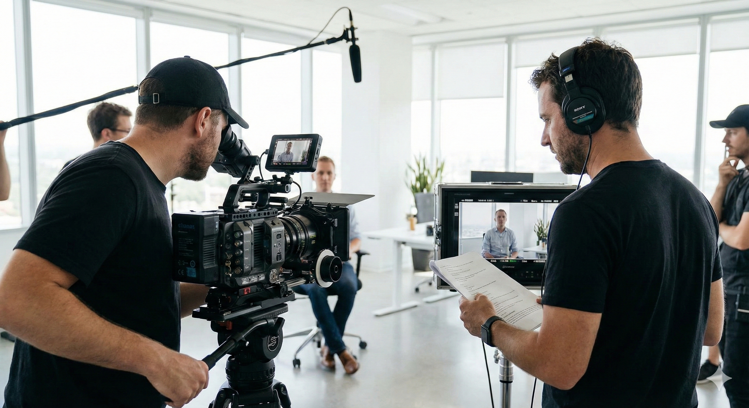 Dokumentarisk bag kulisserne billede af en videoproduktion med fokus på journalistisk interviewteknik og autentisk formidling.