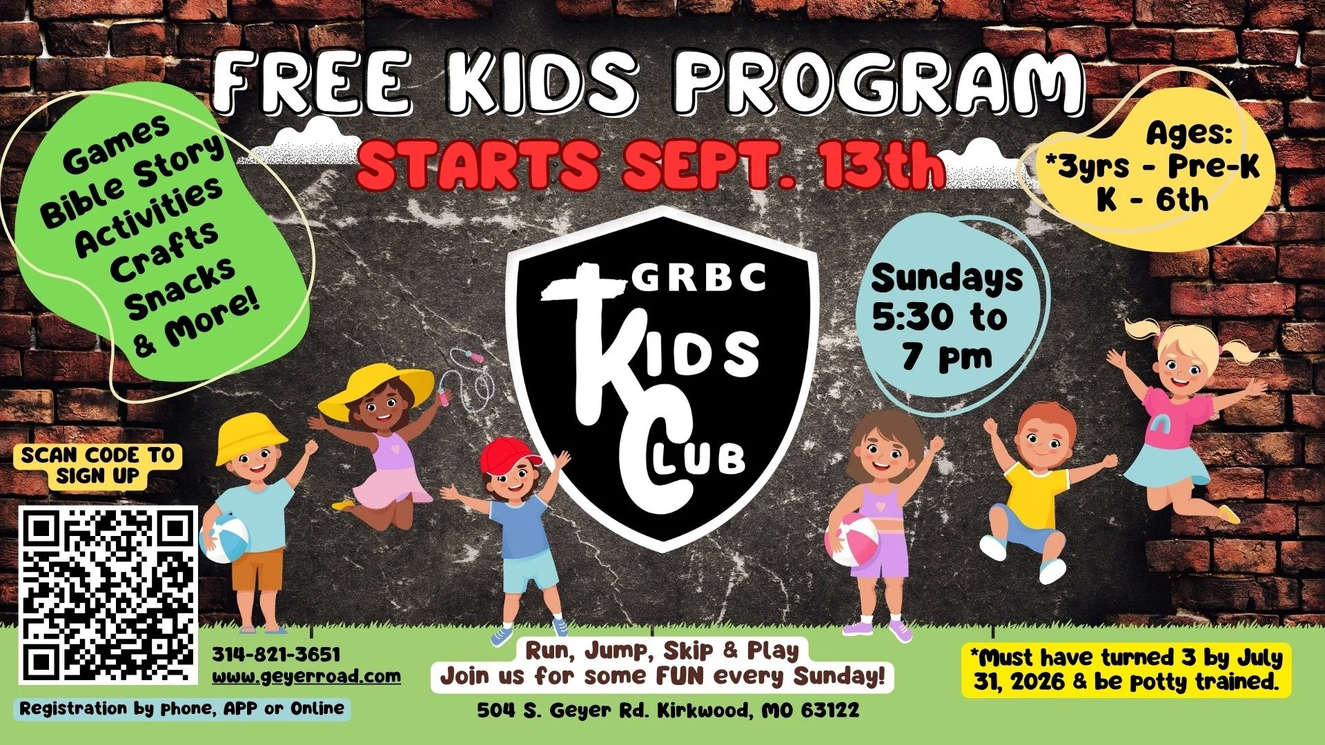 GRBC Kids Club free Sunday program flyer