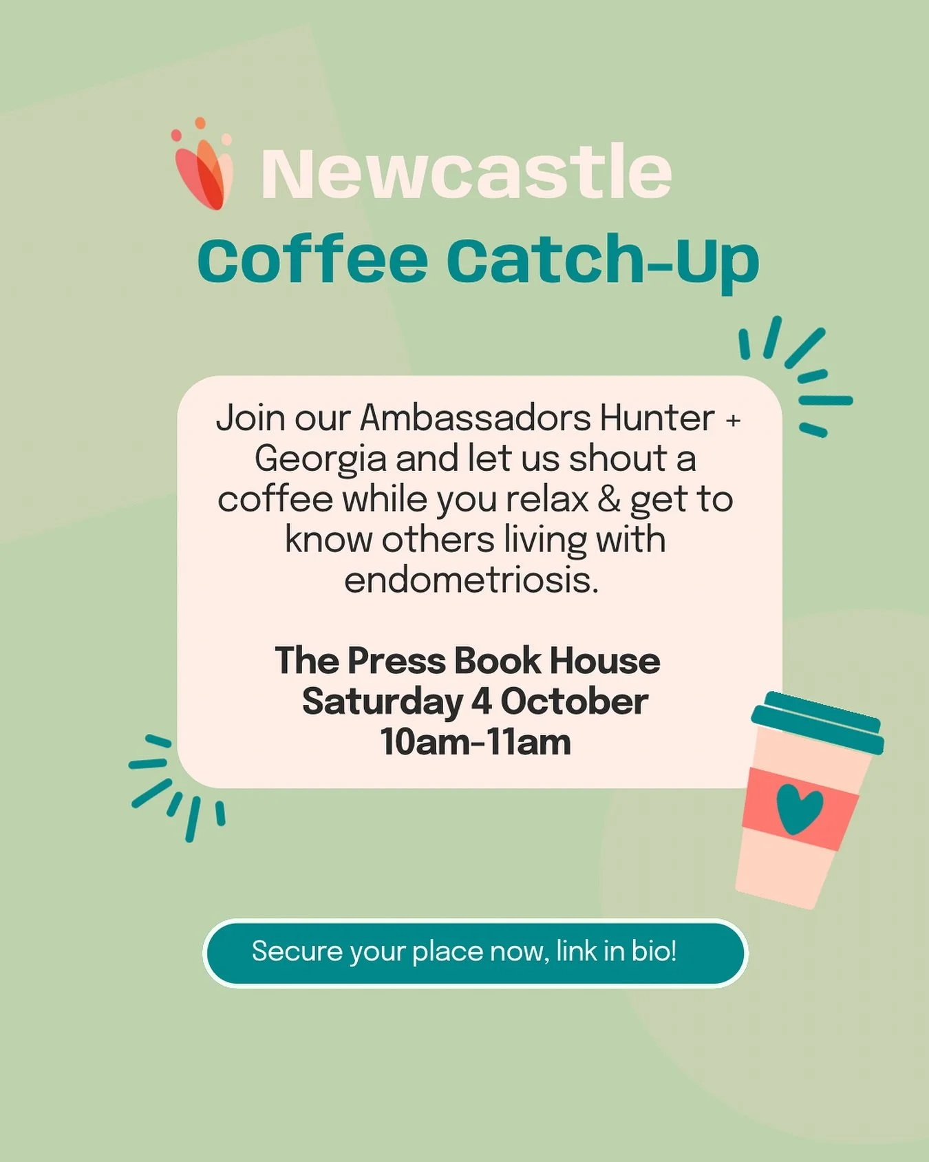 Hi Newcastle, are we seeing you this weekend?! Sign up to join our coffee catch up this Saturday at 
@thepressbookhouse and enjoy free coffee, good vibes + meeting other young people with endo, on us.  Link in bio to register - drop us a comment or d