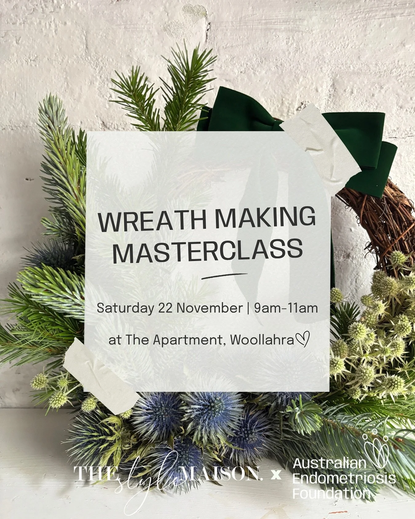 ✨ Wreath Making is BACK, baby! ✨
Join @ausendofoundation and floral genius @thestylemaison for the most beautiful (and vibey) morning of the season. 
Think: dried, vibrant blooms that last forever, mimosas in hand, and your own handcrafted wreath r