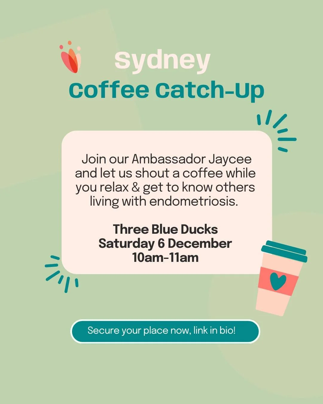 Our last Sydney coffee catch-up for the year!  Join AEF ambassador Jaycee Baso for coffee n vibes at @threeblueducks in Rosebery.  Hang out with other young people who just get it, and enjoy coffee on us!