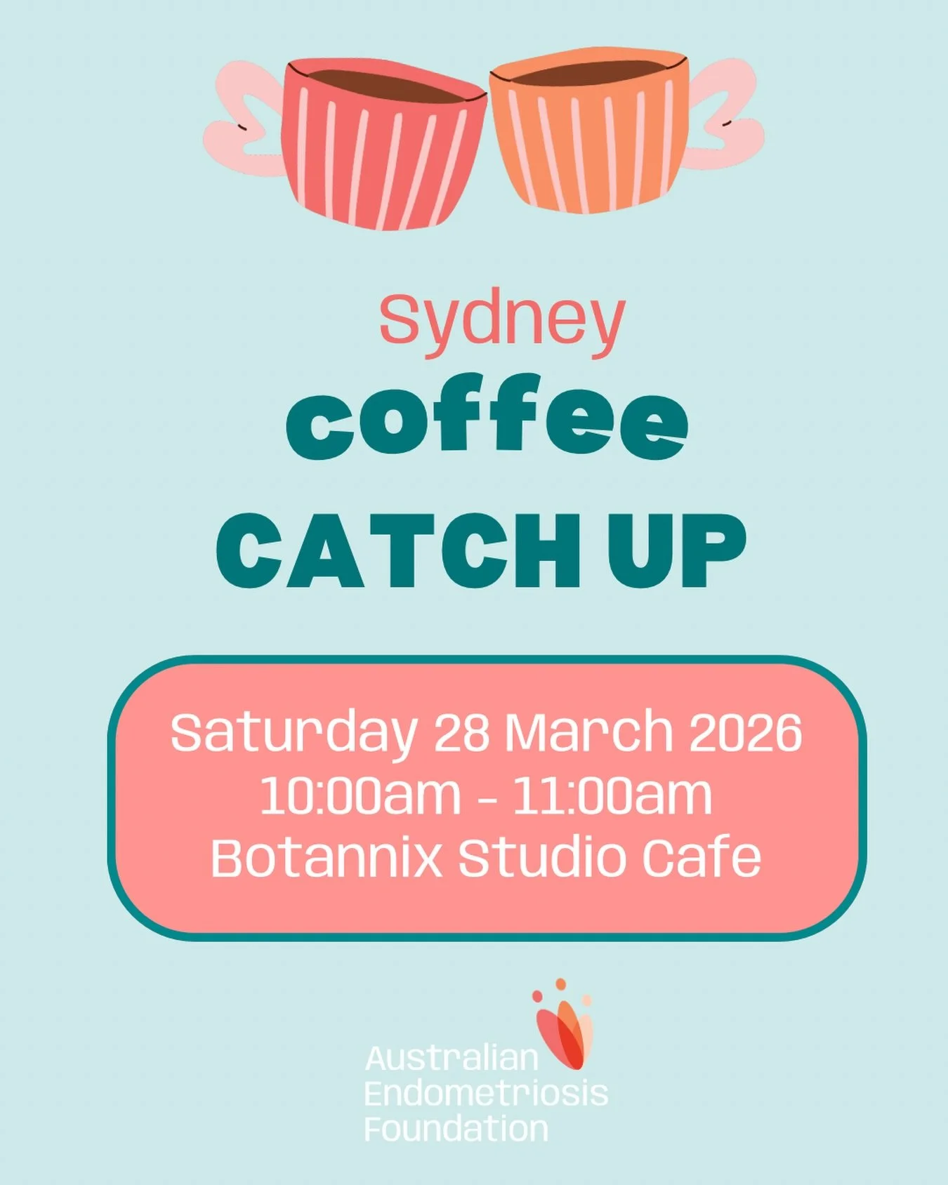 Coffee Catch Up Sydney☕️

New-ish to the AEF community or been around a while? 

Looking to make friends over brunch? 

Join us at Botannix Studio Cafe (Botany) on Saturday 28 March as part of our Common Grounds program. Plus, coffee is on us :)

Reg