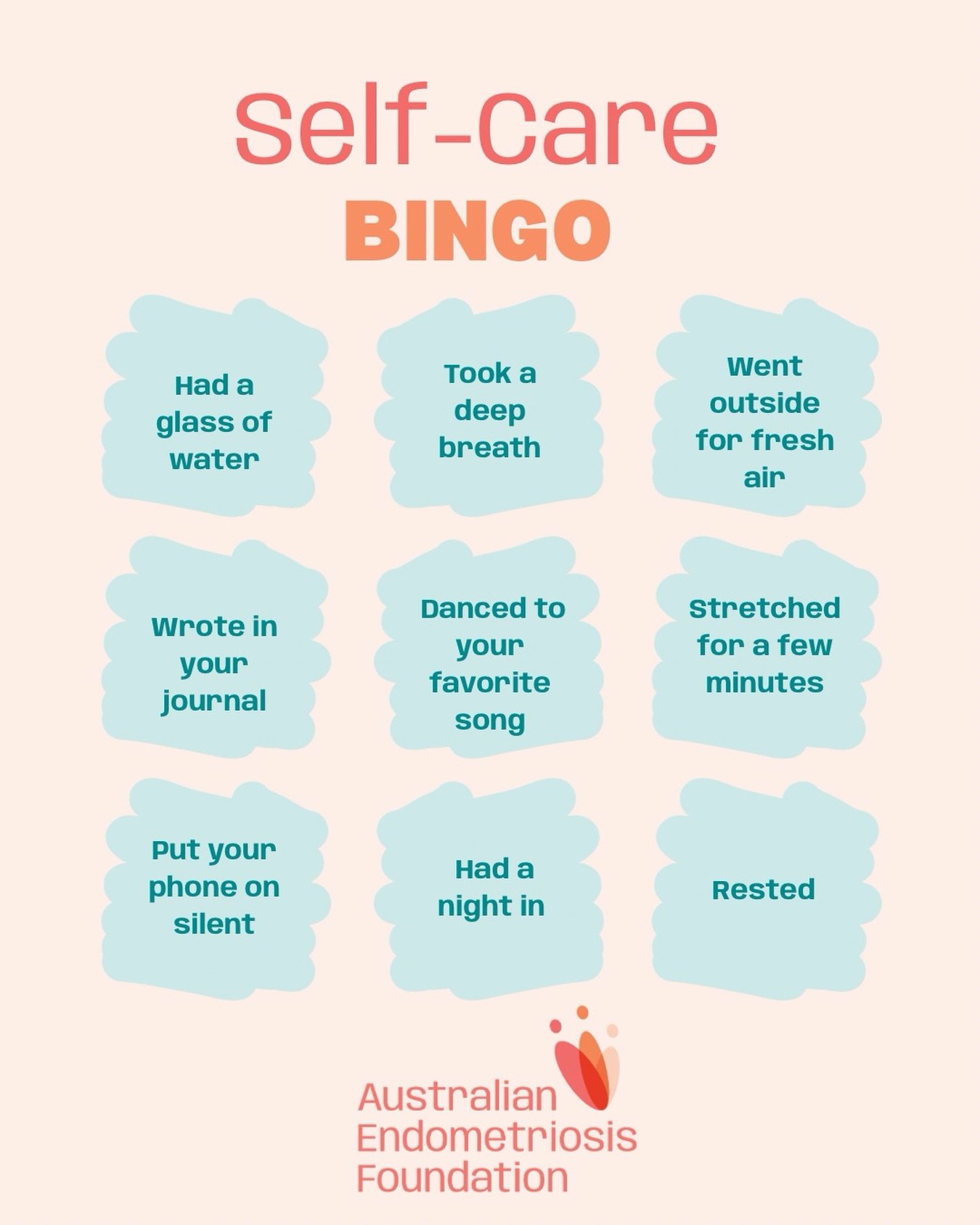 Can you do one of these today?

Take this as a sign to tick off your own self care card! 🫶🏻

#AEF #AusEndoFoundation