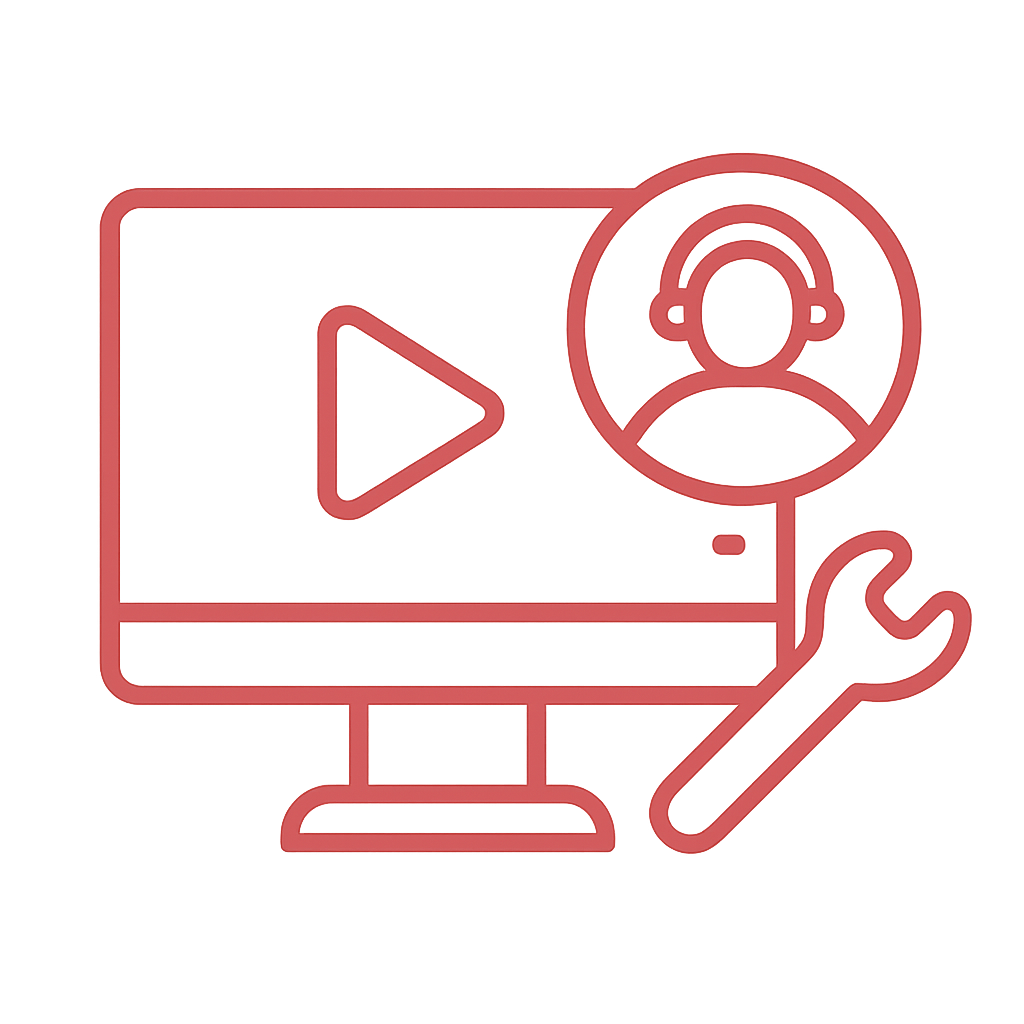 Een pictogram van een computerscherm met een play-knop, een persoon met koptelefoon, en een moersleutel, illustratie in rood lijnen.