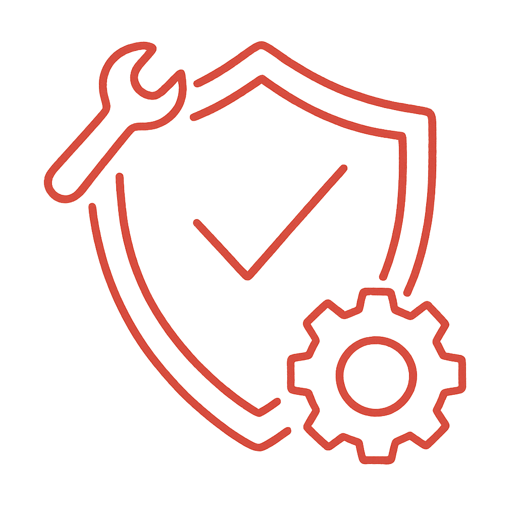 Een schild met een vinkje, een moersleutel en een tandwiel, symboliserend beveiliging en onderhoud.