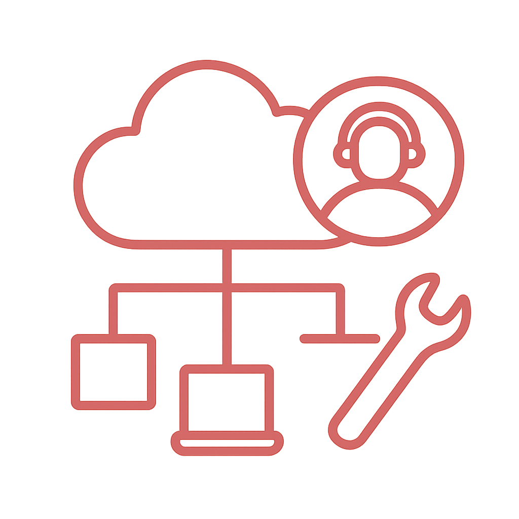 Een cloudcomputersysteem met een gebruiker, verbonden met verschillende apparaten via een netwerk, met een gereedschap zoals een moersleutel, weergegeven in een eenvoudige lijntekening.