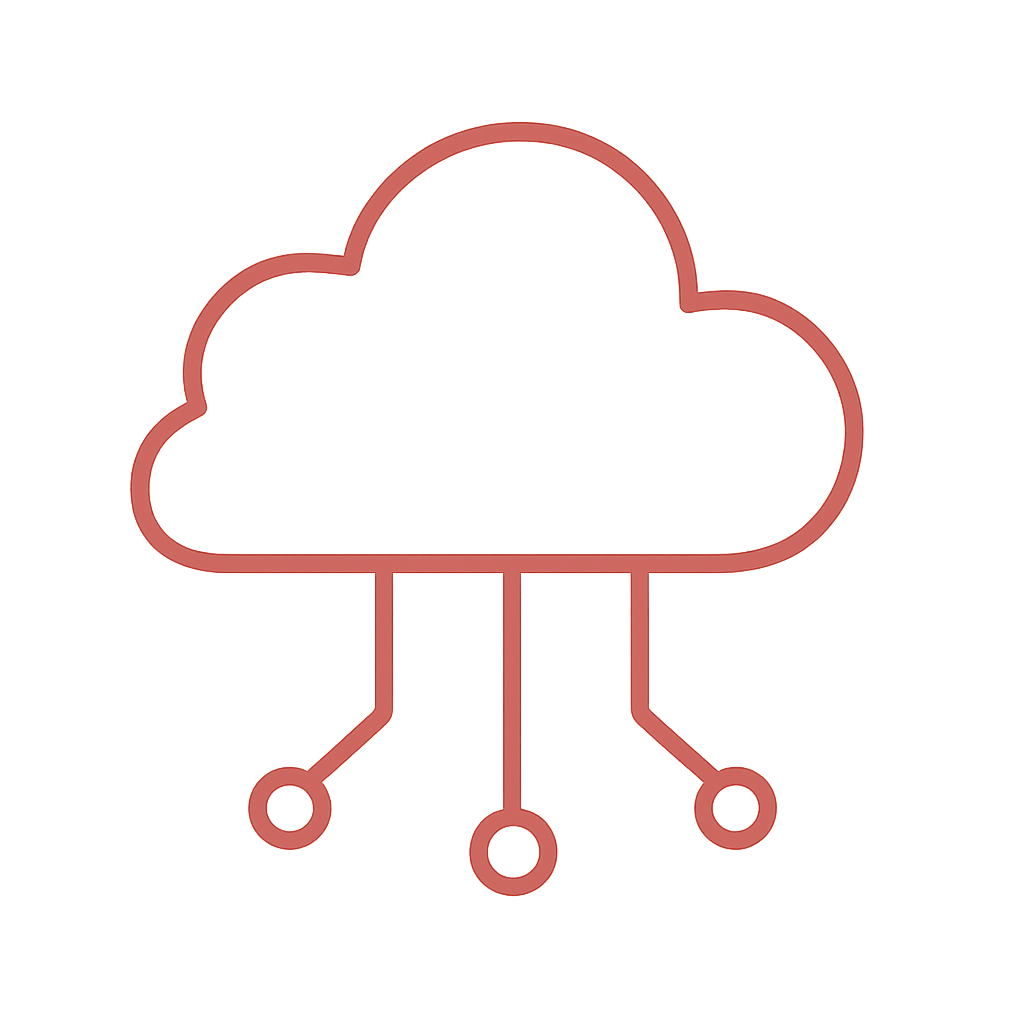 Een eenvoudige lijntekening van een wolk met drie lijnen die eruit vertrekken, elk eindigend in een cirkel, symboliserend cloud computing of data-infrastructuur.