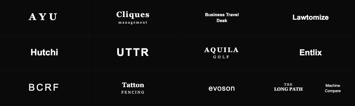 A black grid with four rows and four columns displaying various company names and business descriptors in white text.