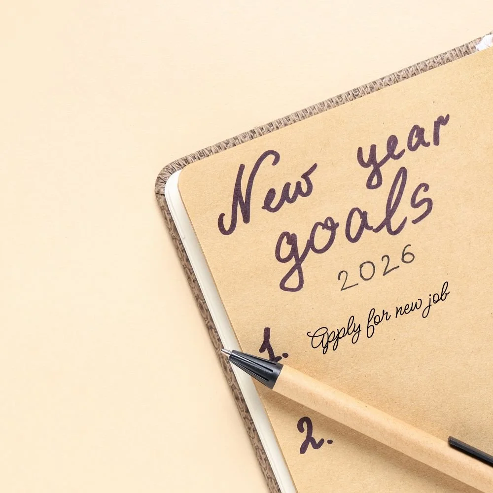 an open to do list in a book with New Year Goals, no. 1 is apply for new job: energise your job searching
