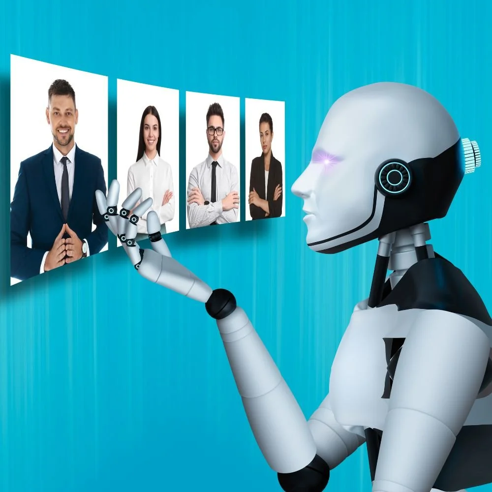 how to navigate staffing using AI - a robot looking at business photos on a wall