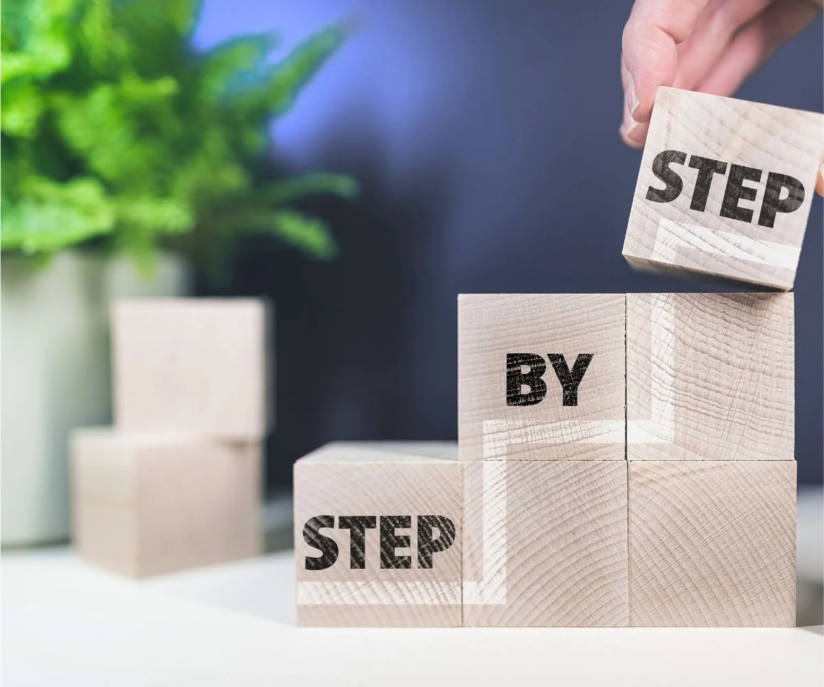 The new government budget, close of up wooden blocks being stacked into steps with the words step by step being formed as they are placed