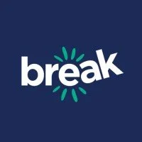 Logo with the word 'break' in lowercase letters and a stylized burst shape above the 'e' on a dark blue background.