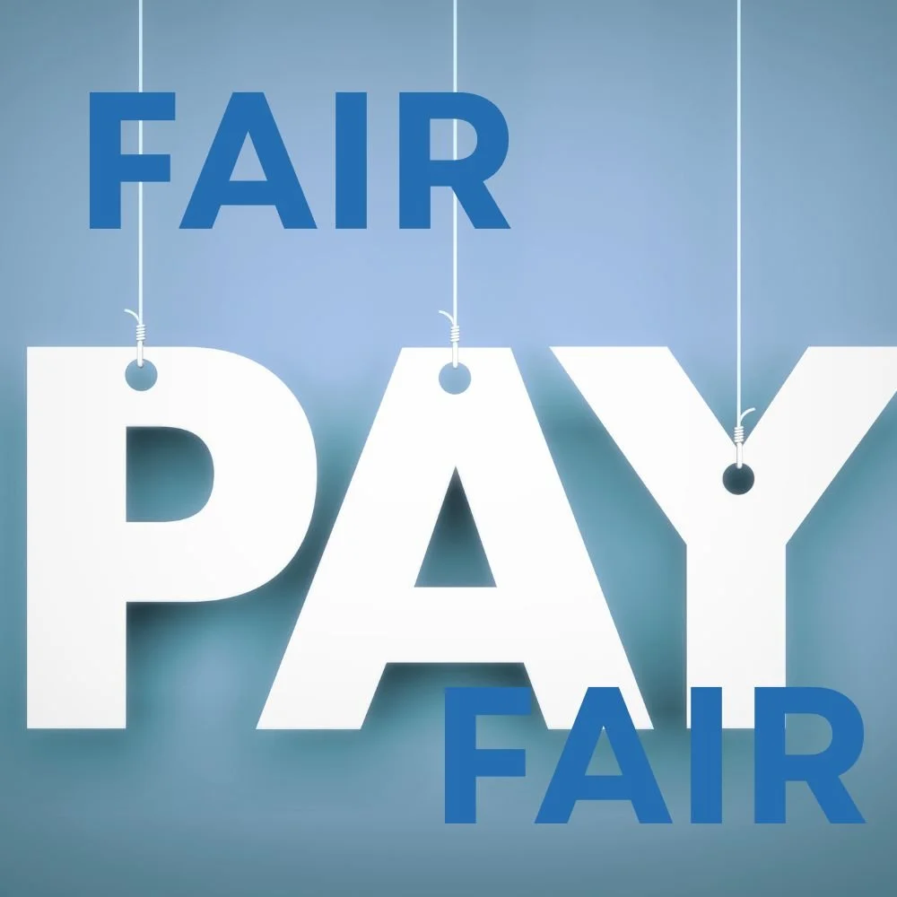 Salary benchmarking - the word PAY is suspended down, with the word FAIR appearing both above it and below it