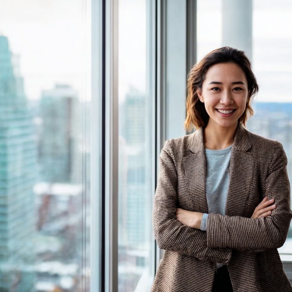 Salary benchmarking - a femal business woman smiling at camera with her arms folded, a high-rise city background can be seen from the window behind her