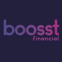 Boosts Financial logo with purple and pink text on a dark background.