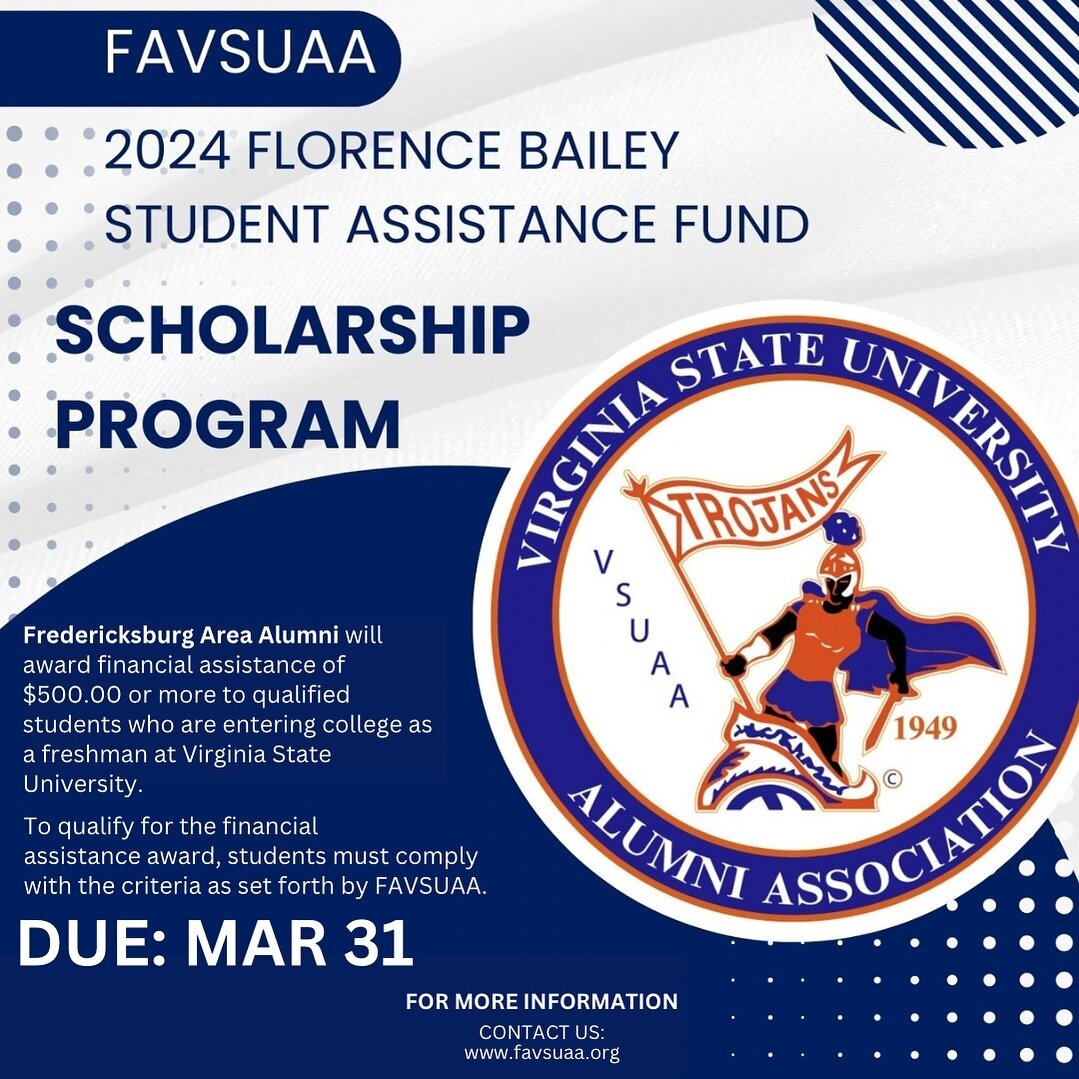 🚀 Exciting News Alert! 🚀 Calling all future leaders of Virginia State University! 🎓 

The 2024 Florence Bailey Student Assistance Fund is here, courtesy of Fredericksburg Area Alumni. 💰 We&rsquo;re ready to boost your academic journey with financ