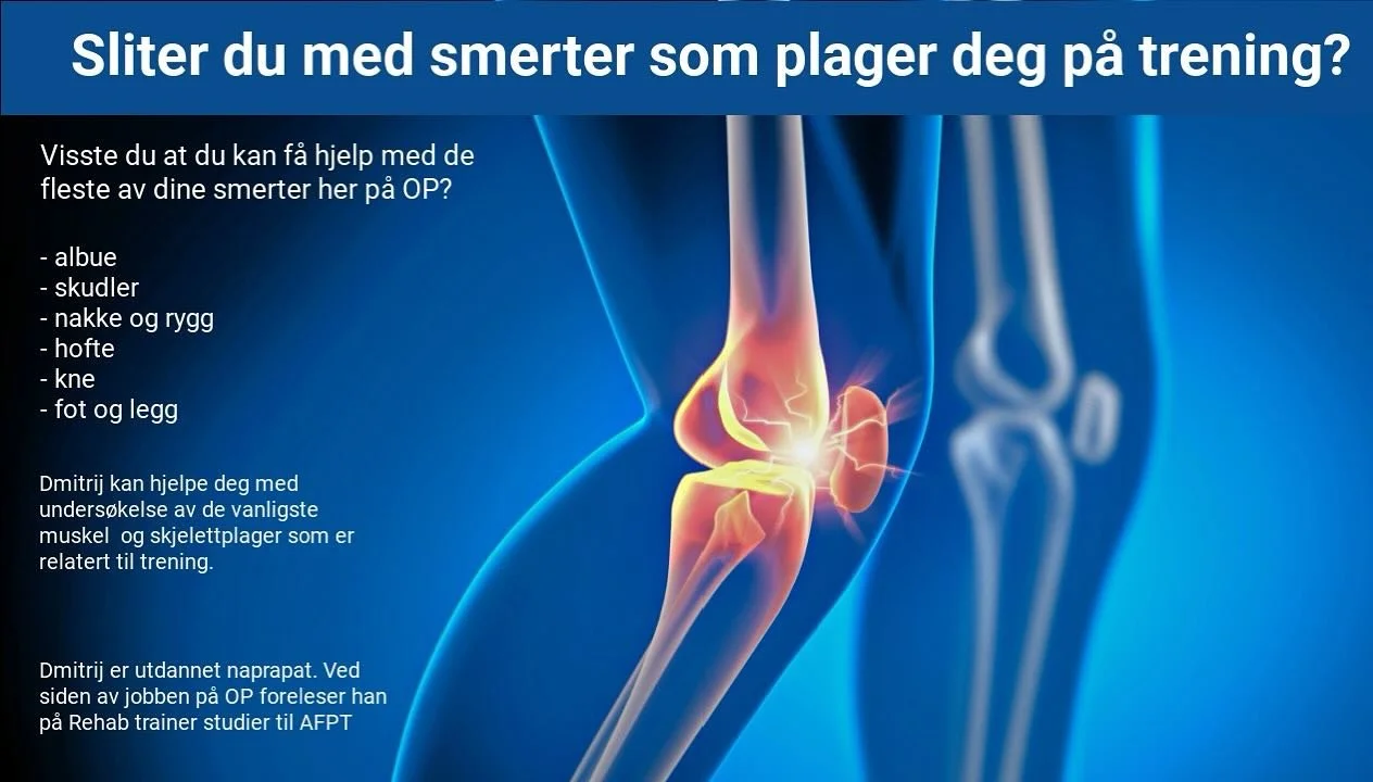 Hei. 
Dmitrij tar gjerne i mot deg p&aring; unders&oslash;kelse og konsultasjon om du har plager i kroppen i forbindelse med trening. Sammen kan vi lage en god rehab plan, finne fine rehab&oslash;velser og tilpasninger og for de fleste av smertene so
