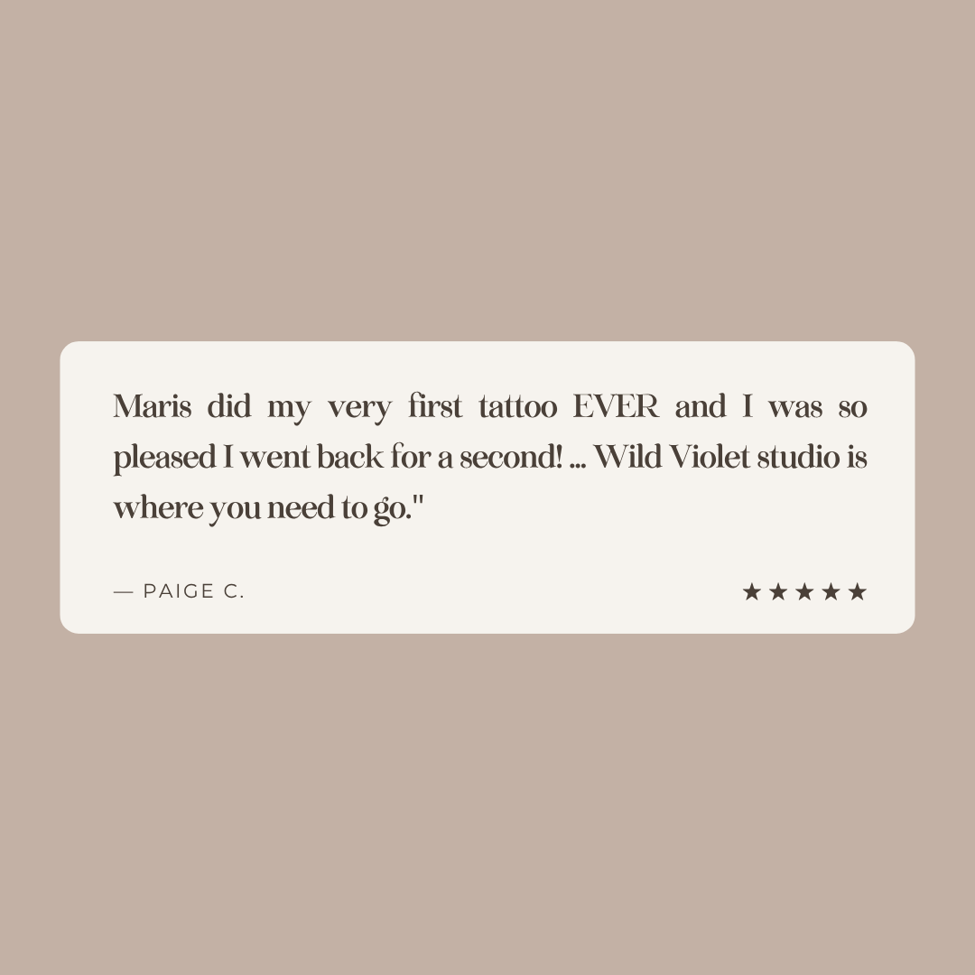 A quote from Summer praising their experience with a professional makeup artist named Maris for eyebrows, describing her as knowledgeable and attentive, and recommending Wild Violet.