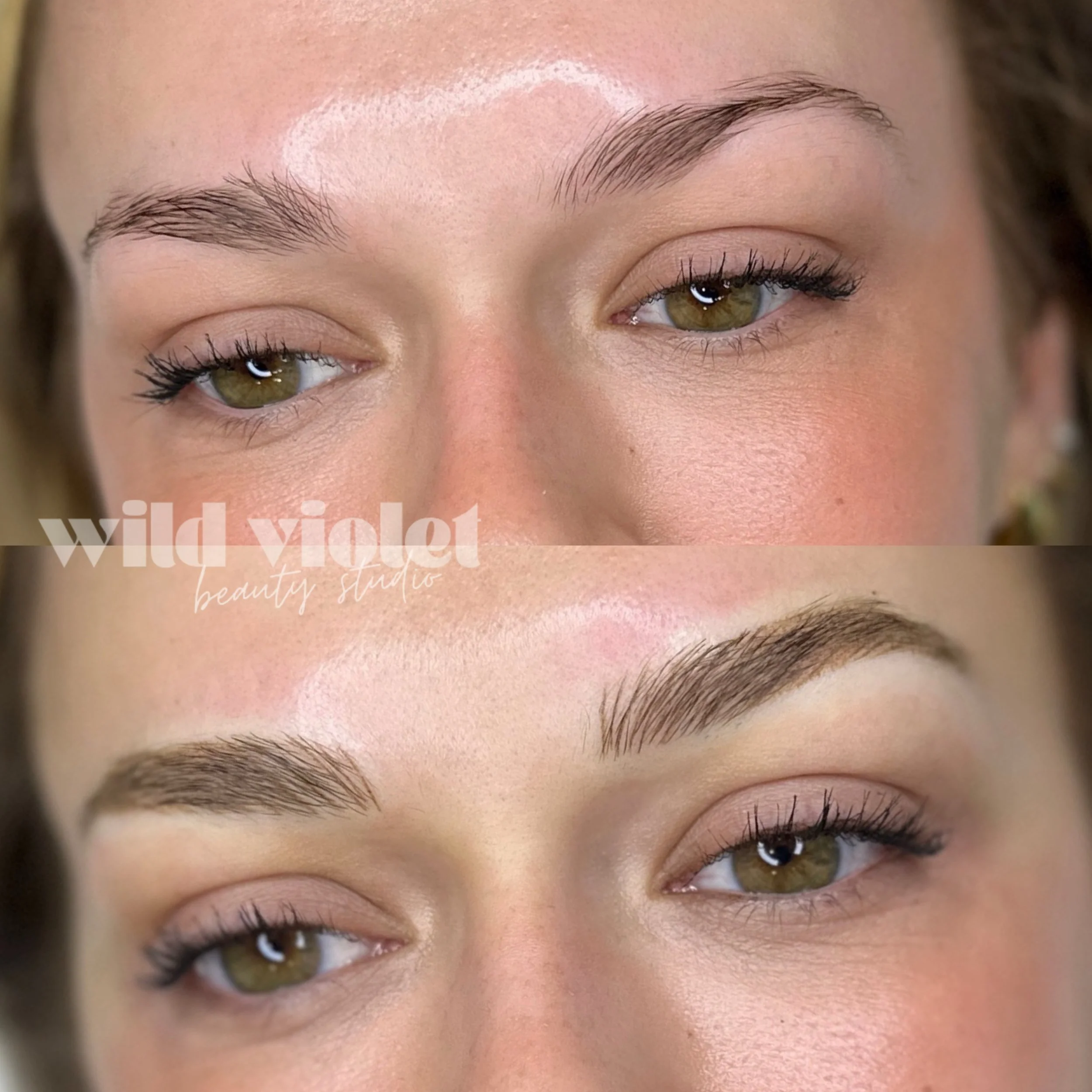 Close-up of a woman's face showing a before-and-after comparison of her eyebrow grooming. The top image shows natural, unstyled eyebrows, while the bottom image displays well-defined, shaped, and filled eyebrows.