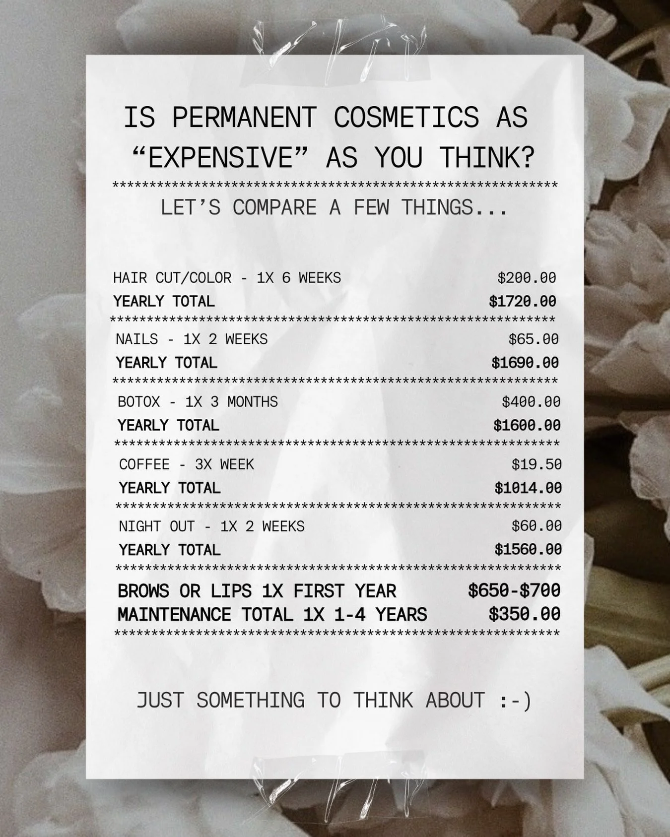 Permanent cosmetics isn&rsquo;t as &ldquo;expensive&rdquo; as what people think&hellip; especially when you look at the LONG TERM costs. Here is a comparison chart to put things into perspective.

I can guarantee most (if not all), standard beauty ap
