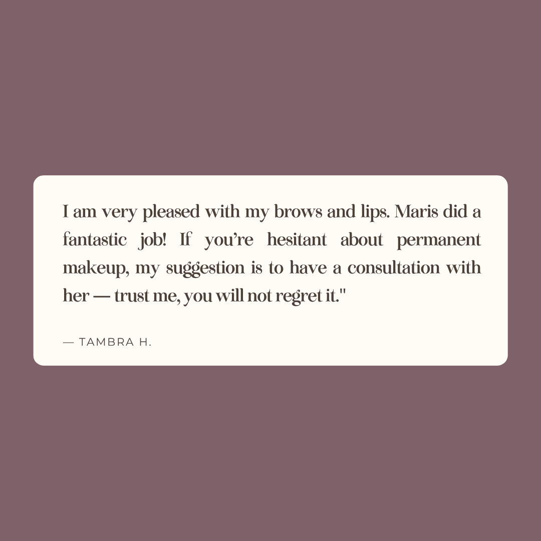 A testimonial note from a client named Molly praising a tattoo artist, Maris, for fine line or tiny tattoos, highlighting her technique, prices, and overall experience, and mentioning her expertise in permanent jewelry and cosmetic tattoos.
