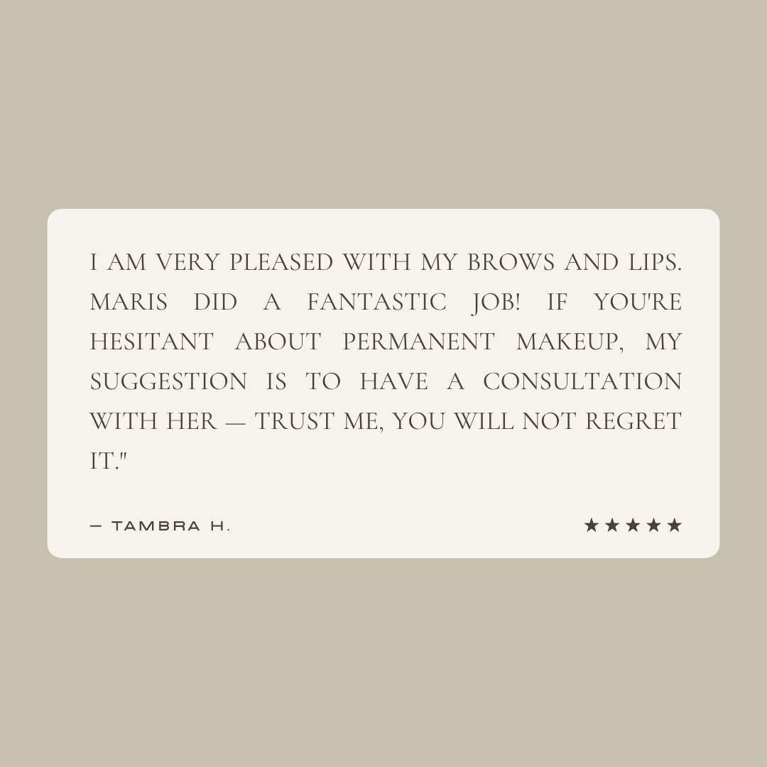 A testimonial note from a client named Molly praising a tattoo artist, Maris, for fine line or tiny tattoos, highlighting her technique, prices, and overall experience, and mentioning her expertise in permanent jewelry and cosmetic tattoos.