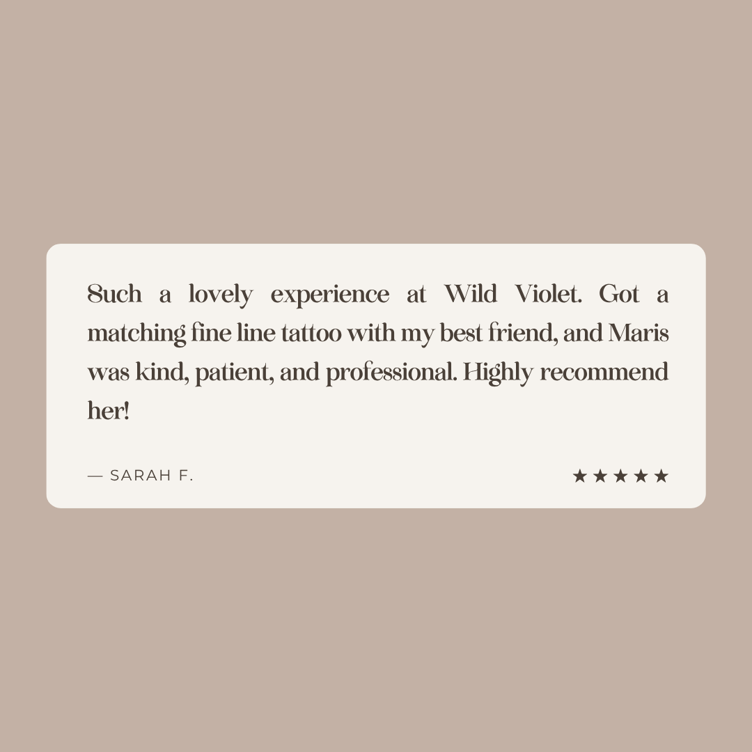 A client love notes card with a Cyrillic 'W' in the top right corner. The note is a positive review from Jacqueline about her experience with eyebrows and other services at Maris, written inside a blue rounded rectangle. The background features a pattern of blue stars.