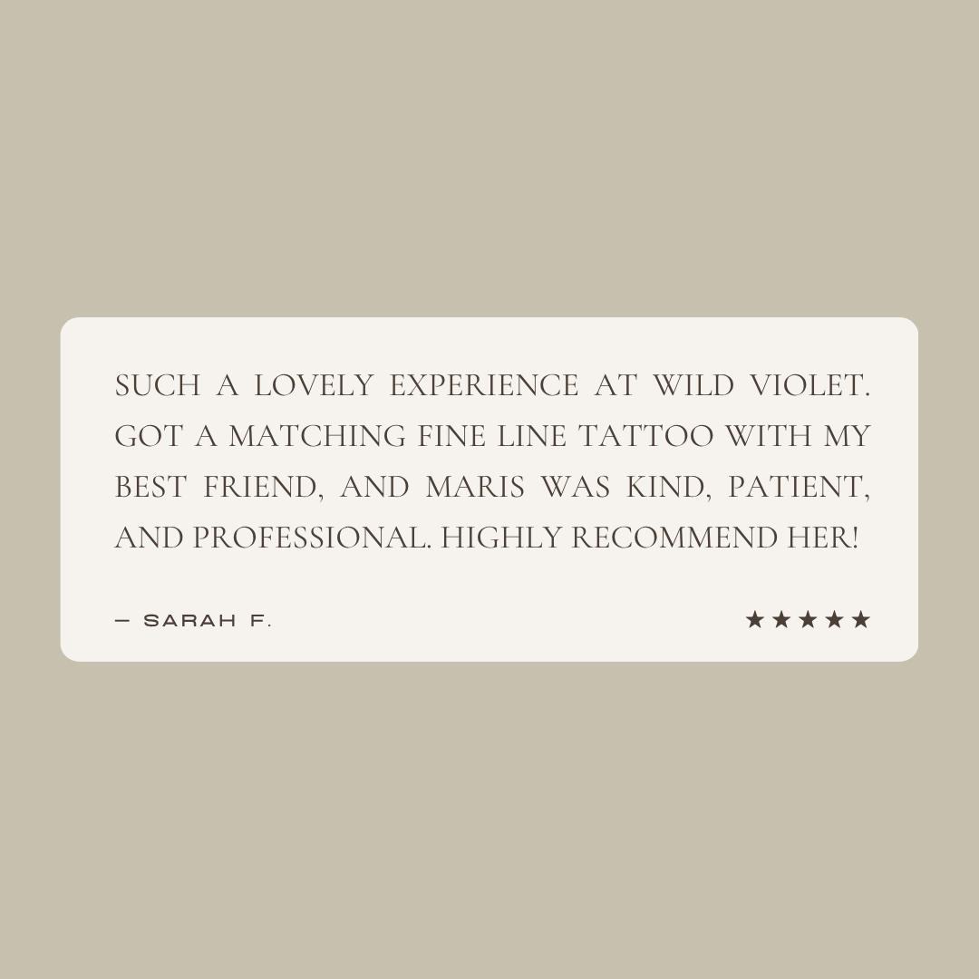 A client love notes card with a Cyrillic 'W' in the top right corner. The note is a positive review from Jacqueline about her experience with eyebrows and other services at Maris, written inside a blue rounded rectangle. The background features a pattern of blue stars.