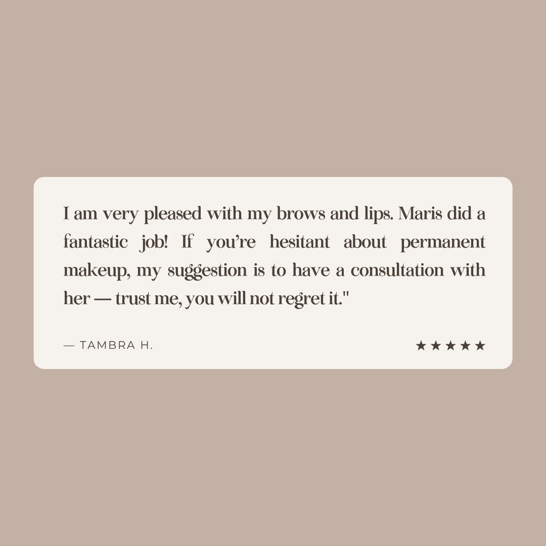 A testimonial note from a client named Molly praising a tattoo artist, Maris, for fine line or tiny tattoos, highlighting her technique, prices, and overall experience, and mentioning her expertise in permanent jewelry and cosmetic tattoos.