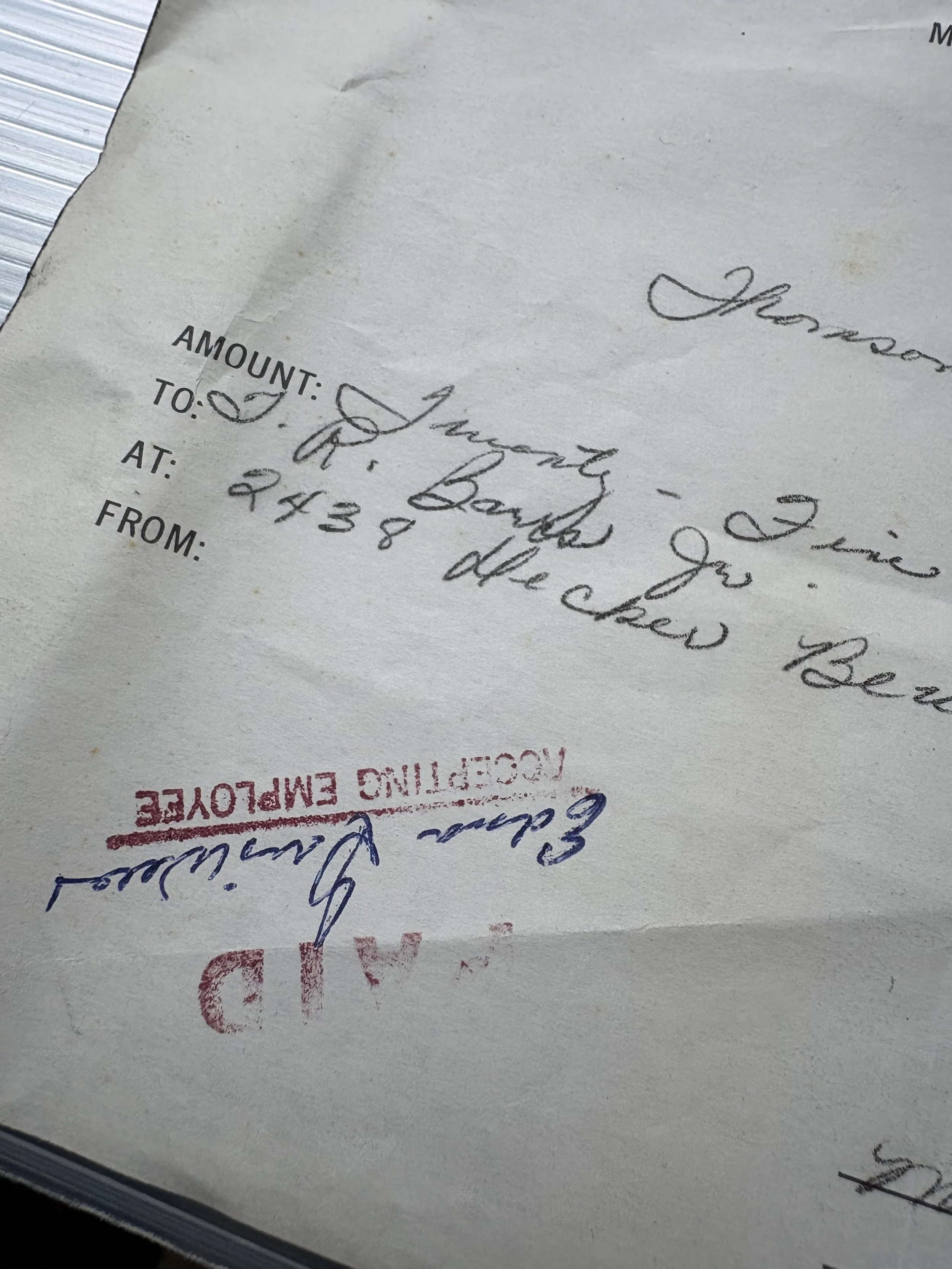 Author of the Vicky Robeson Mystery Series Maria Lynn Barrs shares an old receipt from her parents.