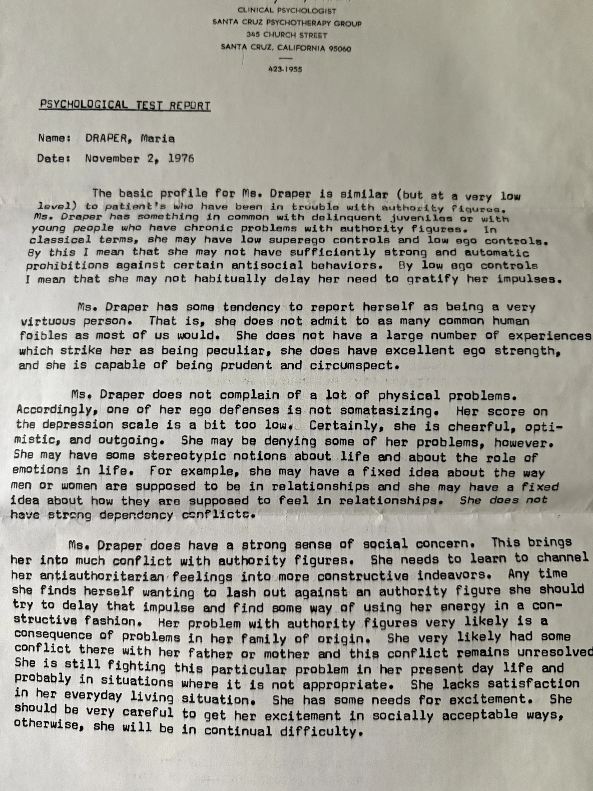 Psychological test report shared by Maria Lynn Barrs author of Parallel Peril.