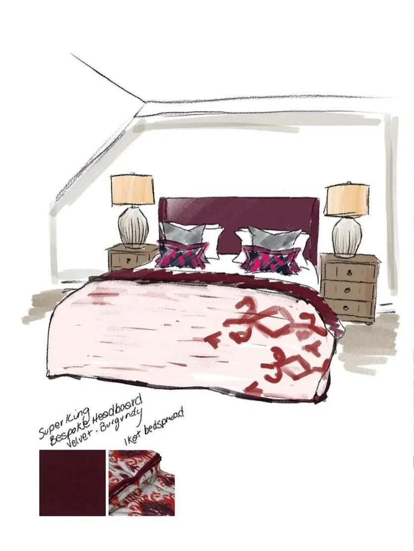 Cosy and relaxing 

Working closely with our client, we designed an autumnal-toned bedroom for their countryside home. A bespoke Jeffreys headboard upholstered in rich burgundy velvet became the focal point of the space, complemented by layered soft 