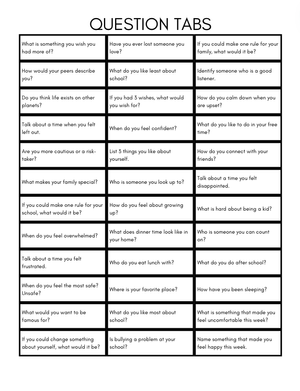 Questions Tab Free Conversation Starters for Child & Adolescent Therapy — Child ...
