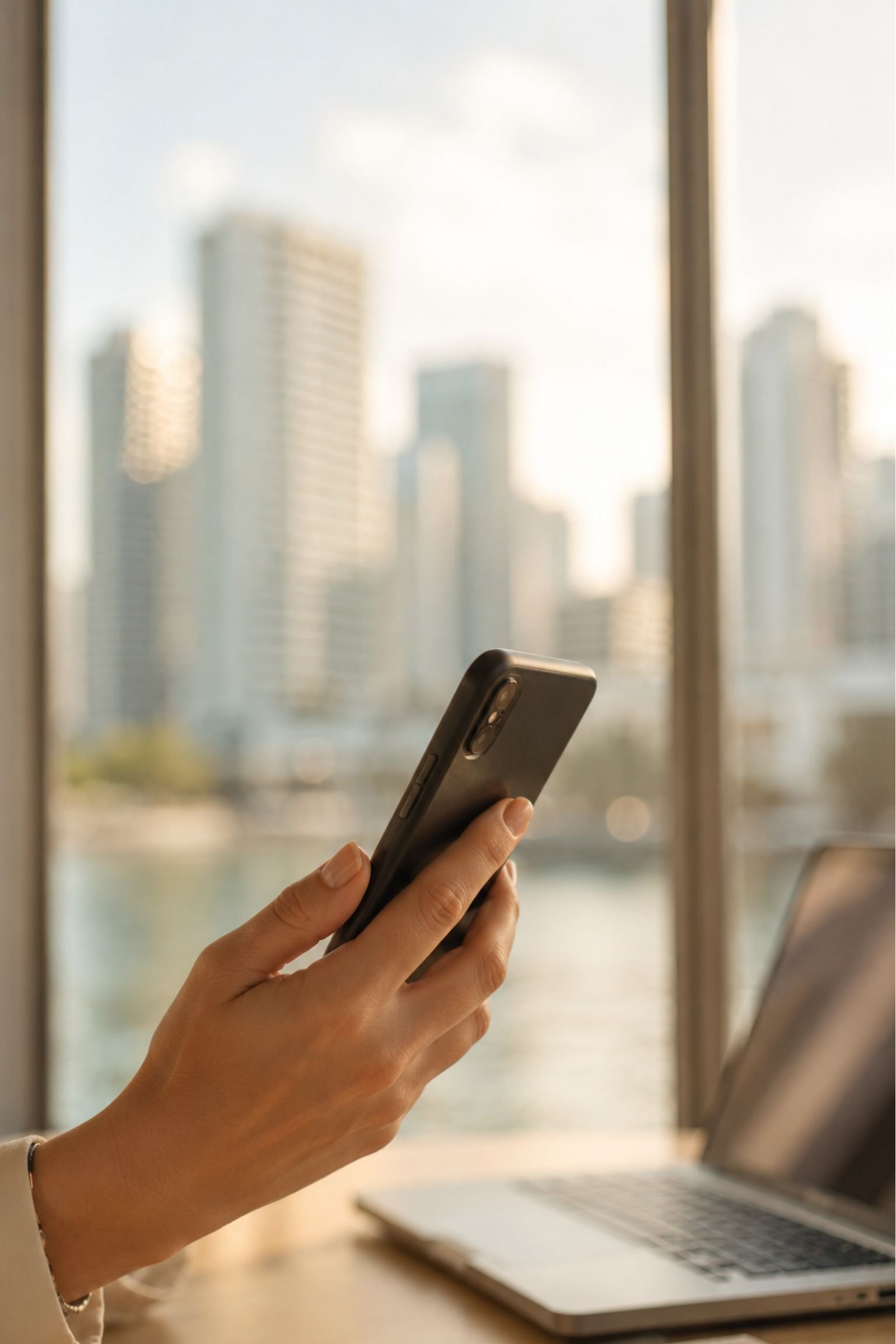 Female hand on modern workspace with smartphone and city view