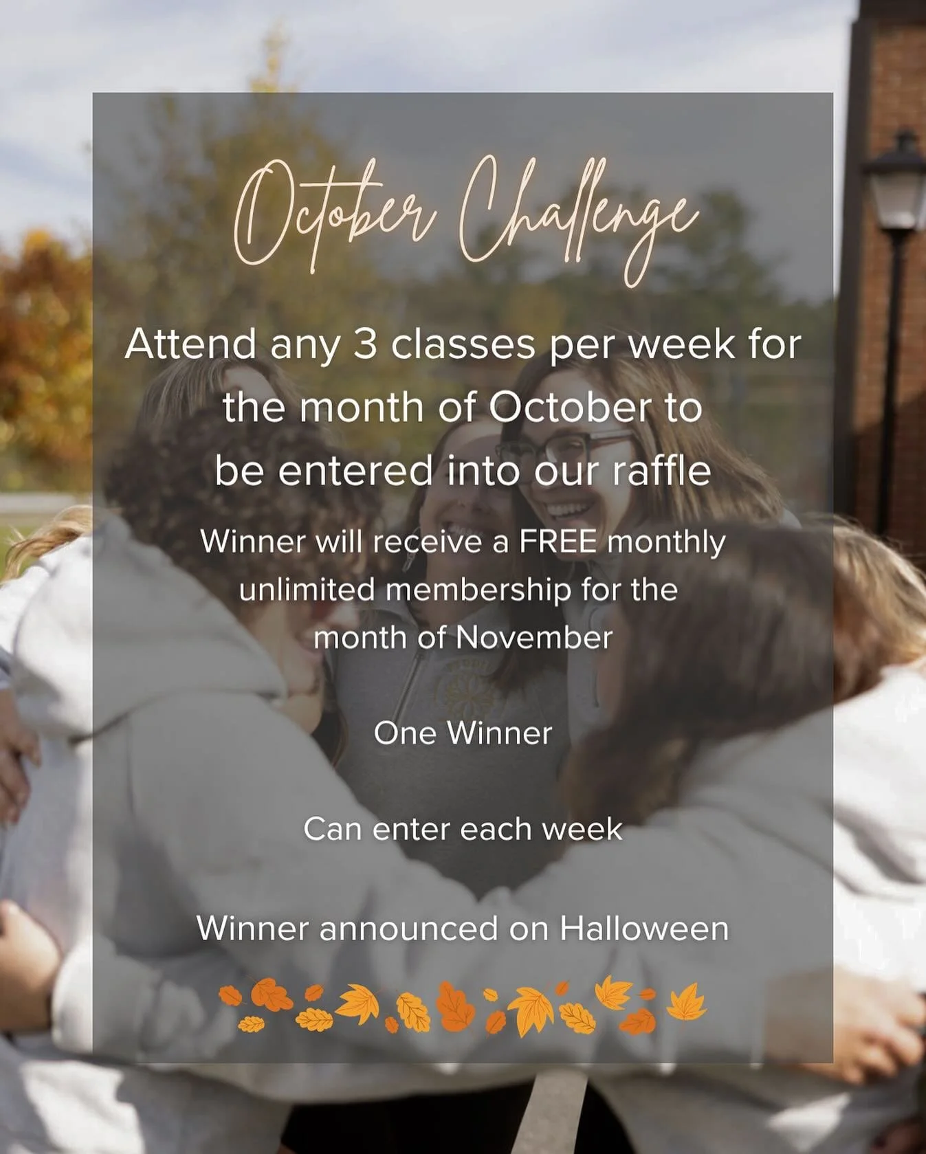 In case you missed it in our Oct newsletter ✨

&mdash; must attend class 3x/week to enter
&mdash; can enter each week you attend 3x
&mdash; winner will be pulled on Halloween!
 🎃 👻