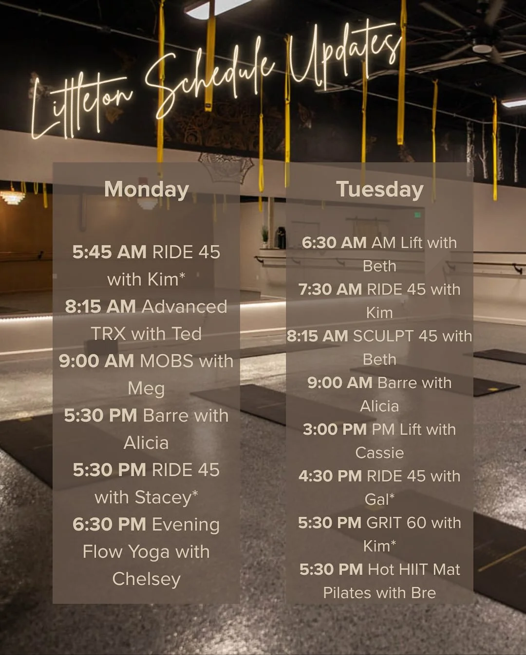 ✨Littleton✨

Here is a brief overview of what our schedule will look like as of 10/27/25! (*including the RIDE schedule). 

Reminder that 10/27-11/2 Studium members try RIDE classes for free! 🚴🏻&zwj;♀️