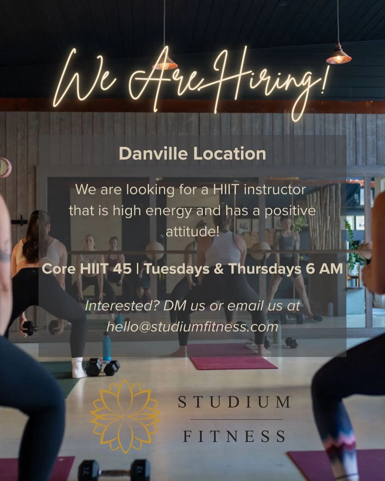 We are hiring!! We are looking for a high energy certified instructor for our 6 am Core HIIT in Danville! DM us or email at hello@studiumfitness.com