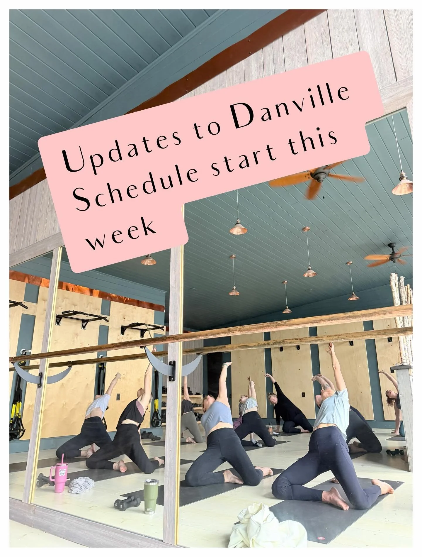 ✨We have got a few updates to the Danville Schedule starting this week ~ April 20 - 26✨

Monday ~ Sculpt @ 6am, 7:30am, 9am, 3 &amp; 530pm.

Tuesday ~ 6am Core HIIT &amp; 9am Barre 

Wednesday ~ 6am Sculpt, 11 am Inferno Pilates, 3 &amp; 530 pm Sculp