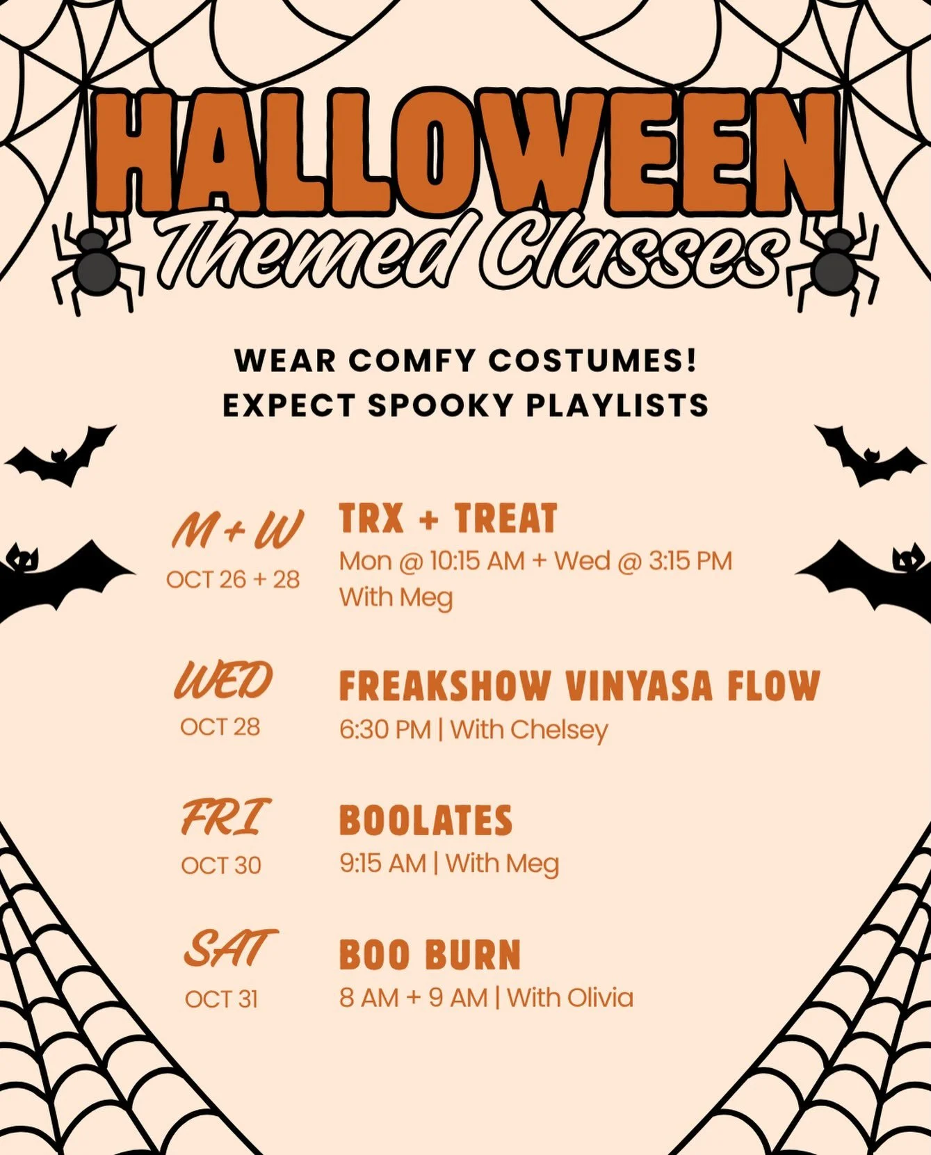 Welcome to Spooky Season! 👻

The Littleton Crew is celebrating with themed classes the leading up to Halloween!

Wear a comfy costume you can move in.

TRX + Treat 
(Intro to TRX + TRX Suspension Training)
Monday, Oct. 26 @ 10:15 AM + Wednesday, Oct