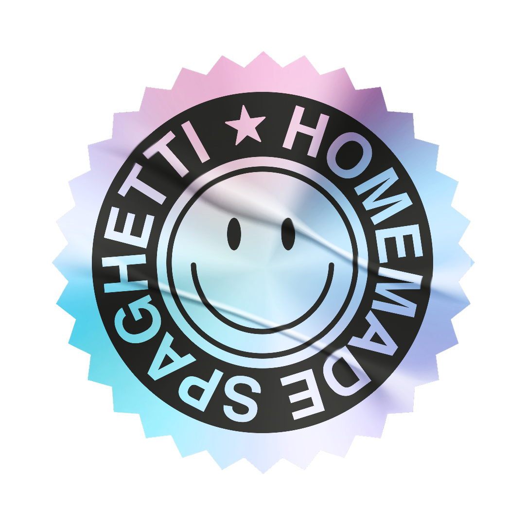 Logo holographique avec un cercle noir portant la phrase 'SPREADS YOUR POSITIVITY' et un smiley au centre.