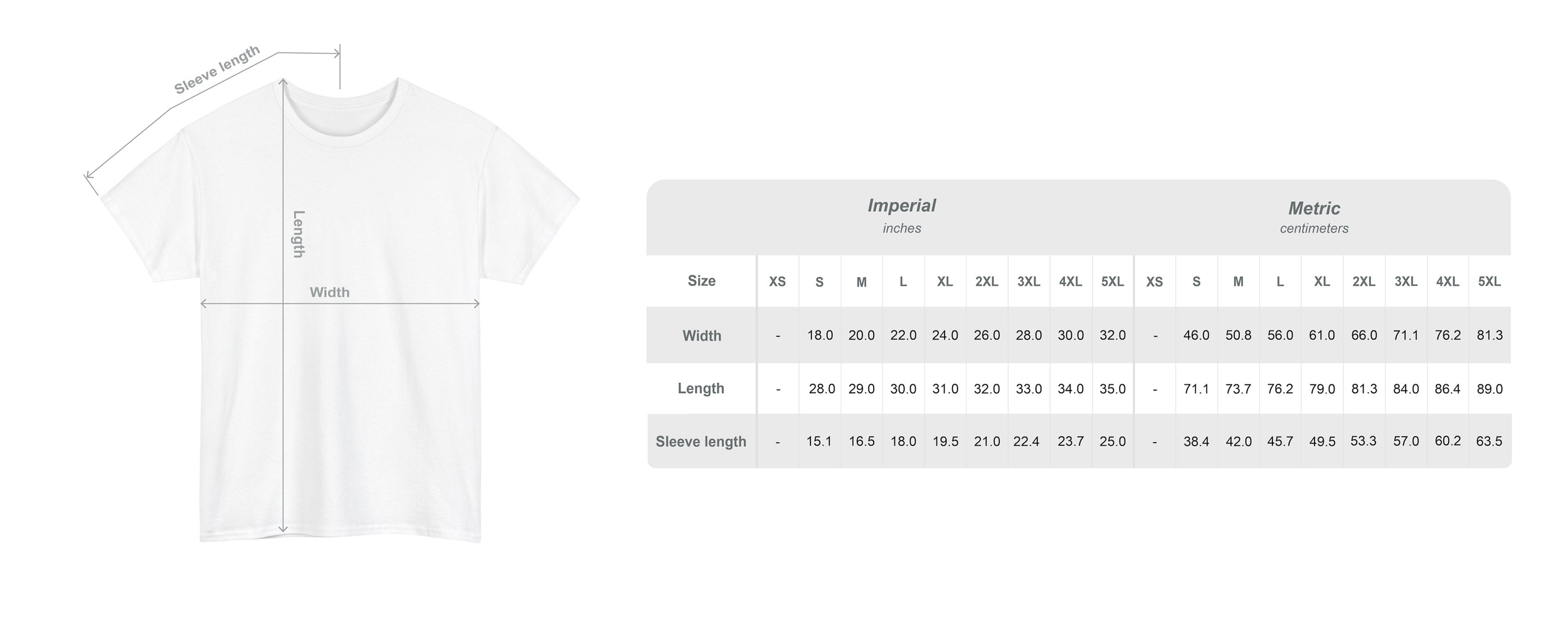 Un guide de taille pour un t-shirt blanc montrant des mesures pour différentes tailles, avec un tableau listant les dimensions en pouces et en centimètres.