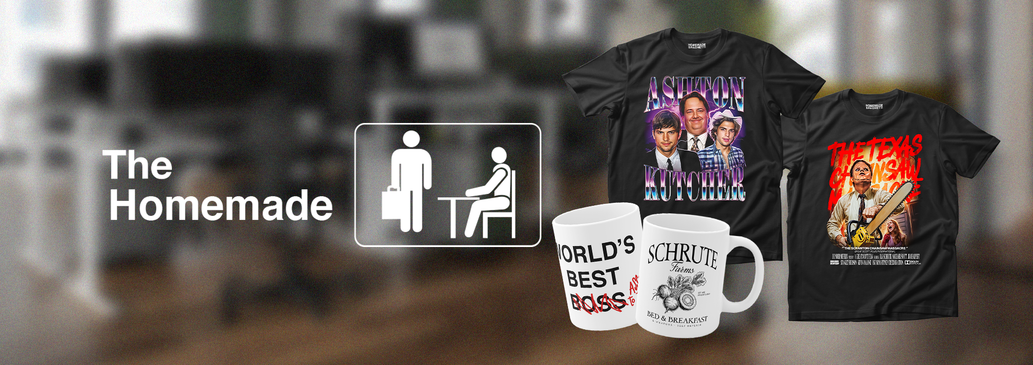 Une publicité pour des produits faits maison avec deux tasses à café, deux T-shirts avec des impressions graphiques de films, et un logo indiquant 'The Homemade'.