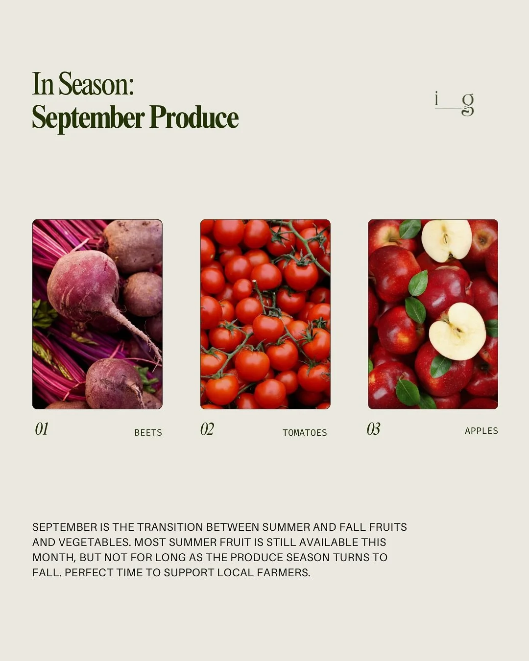 SEPTEMBER PRODUCE GUIDE
__
September is the transition between summer and fall produce. Apples are in full bloom, corn, beets and tomatoes are perfect. As always, try to support local farmers and buy organic whenever possible. #nomagicjustritual