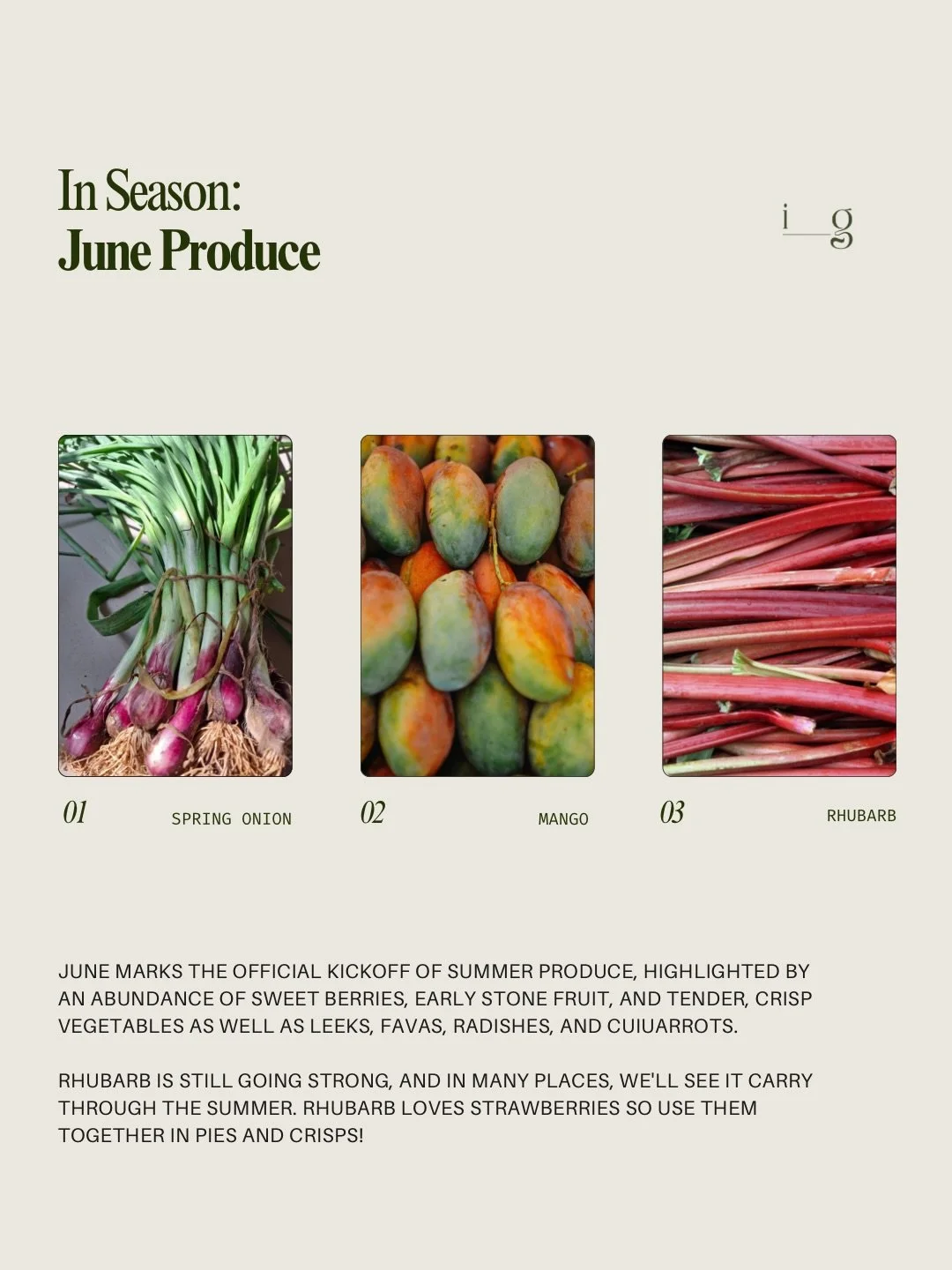 JUNE PRODUCE GUIDE
__
June marks the official kickoff of summer produce, highlighted by an abundance of sweet berries, early stone fruit, and tender, crisp vegetables as well as leeks, favas, radishes, and cuiuarrots. 

Rhubarb is still going strong,