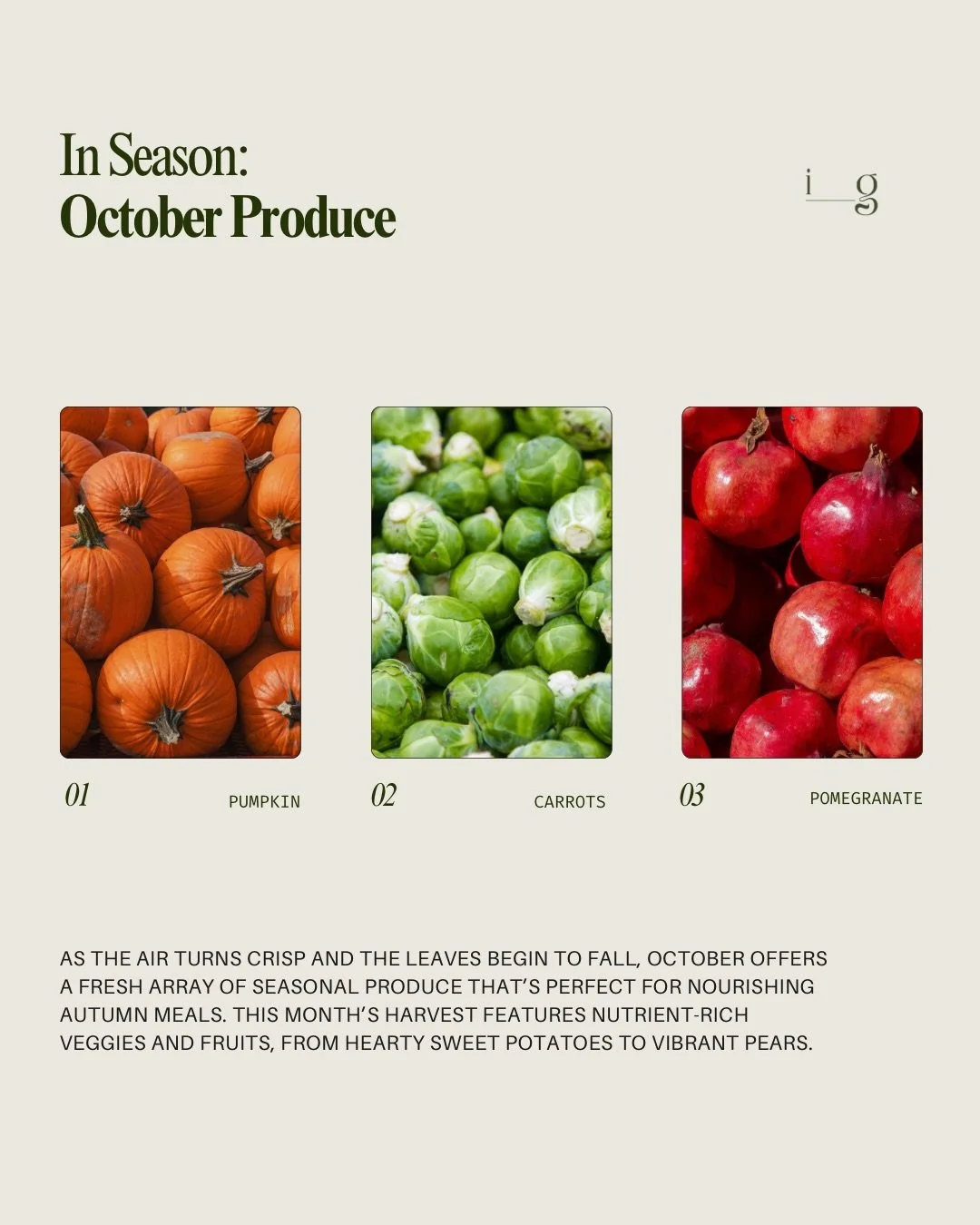OCTOBER PRODUCE GUIDE
__
As the air turns crisp and the leaves begin to fall, October offers a fresh array of seasonal produce that&rsquo;s perfect for nourishing autumn meals. This month&rsquo;s harvest features nutrient-rich veggies and fruits, fro