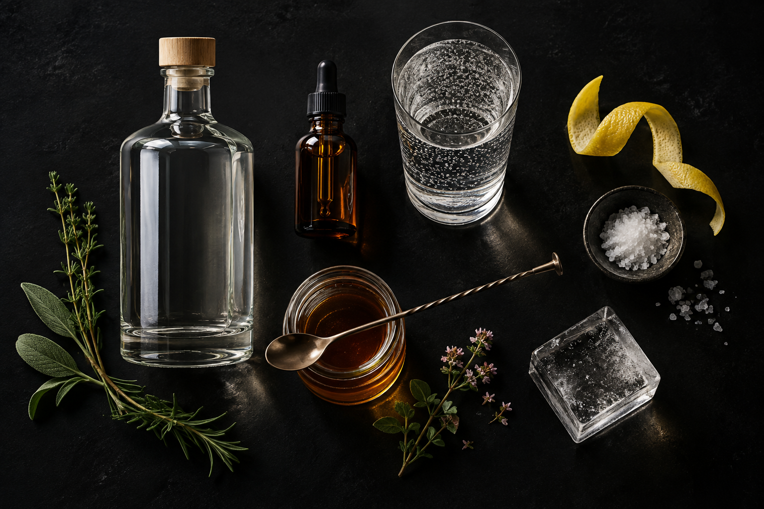 Overhead arrangement of the ingredients used to build a zero-proof cocktail, including a non-alcoholic spirit, bitters, tonic, citrus peel, salt and syrup.
