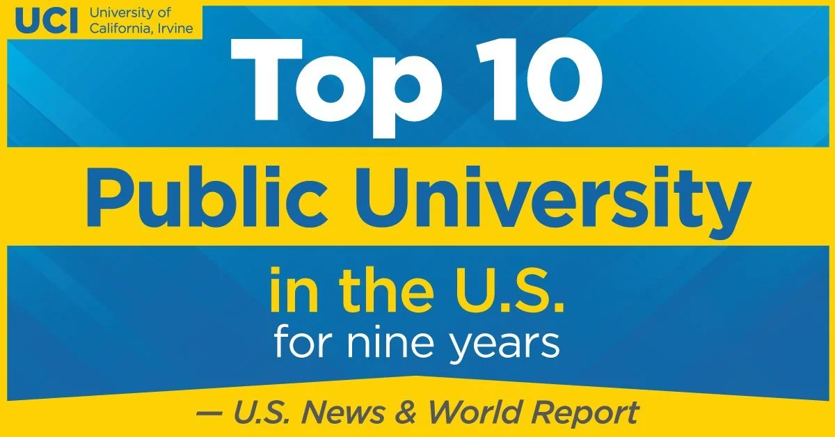 A colorful infographic with blue and yellow colors showcasing the top 10 public universities in the U.S. according to U.S. News & World Report, affiliated with the University of California, Irvine.