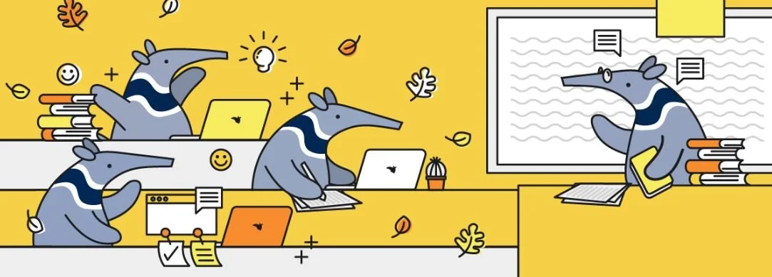 Illustration of four cartoon anteaters working at desks with laptops and books in a colorful, abstract office setting featuring yellow and gray backgrounds, floating leaves, smiley faces, and light bulbs.